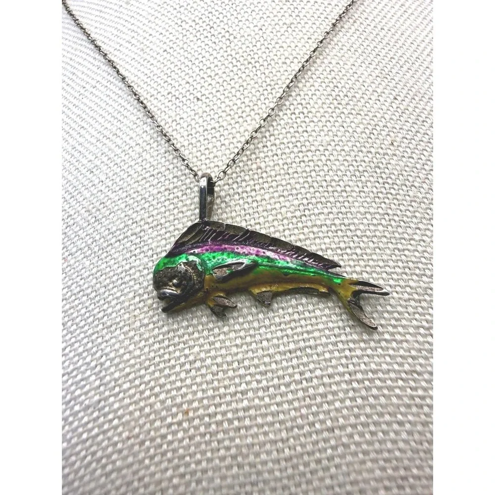 Vintage 925 Sterling‎ Silver Enamel  Dolphin Fish Pendant Necklace 20 Inch Italy